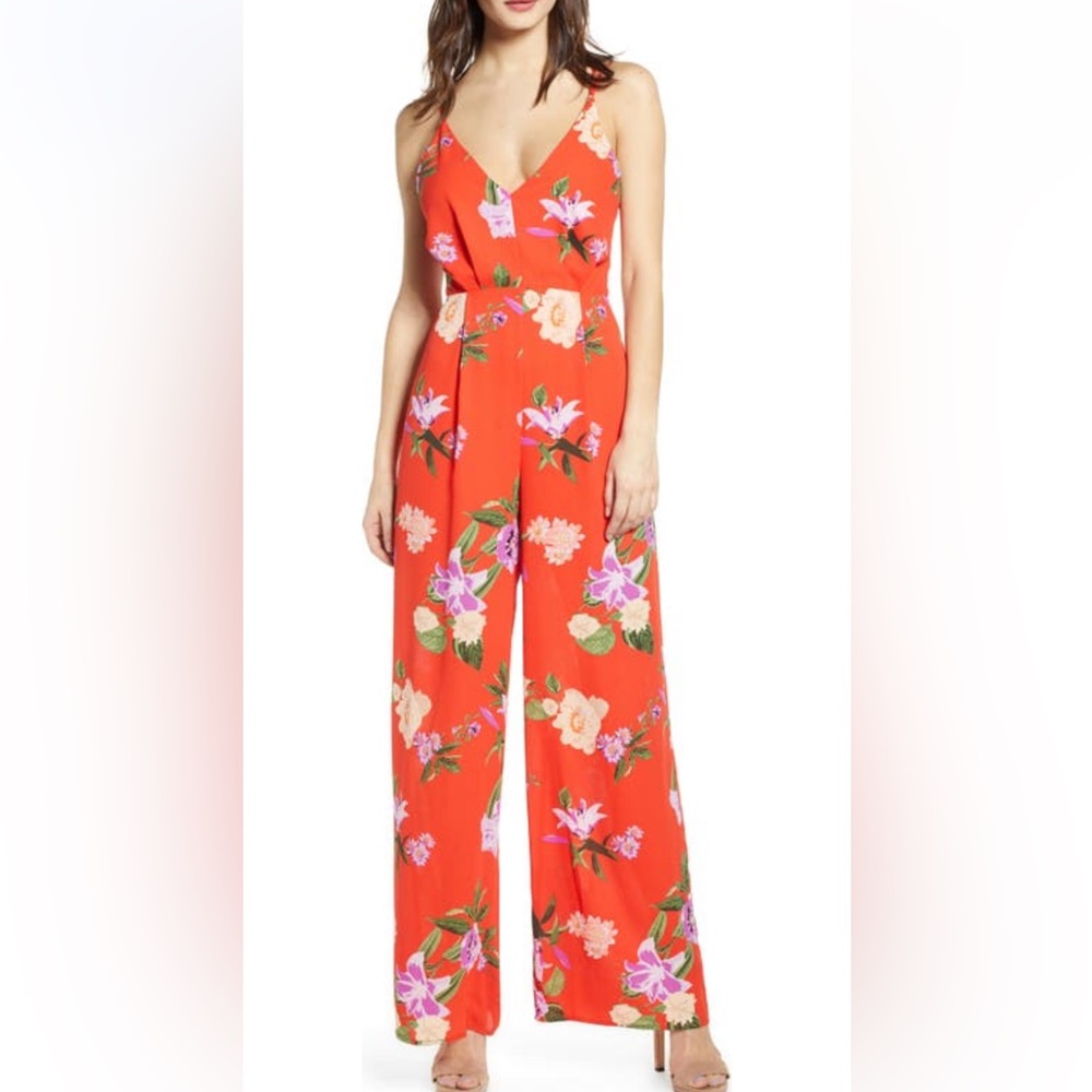 ASTR The Label Tropical Floral Wide Leg Jumpsuit Backless Spaghetti Strap NWT M